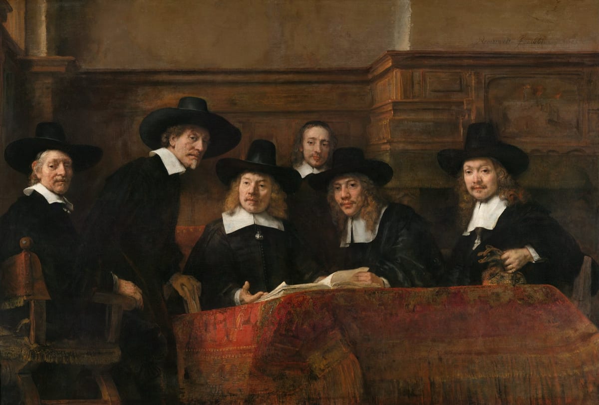 Les Syndics de la guilde des drapiers, par Rembrandt : cinq négociants autour d’une table