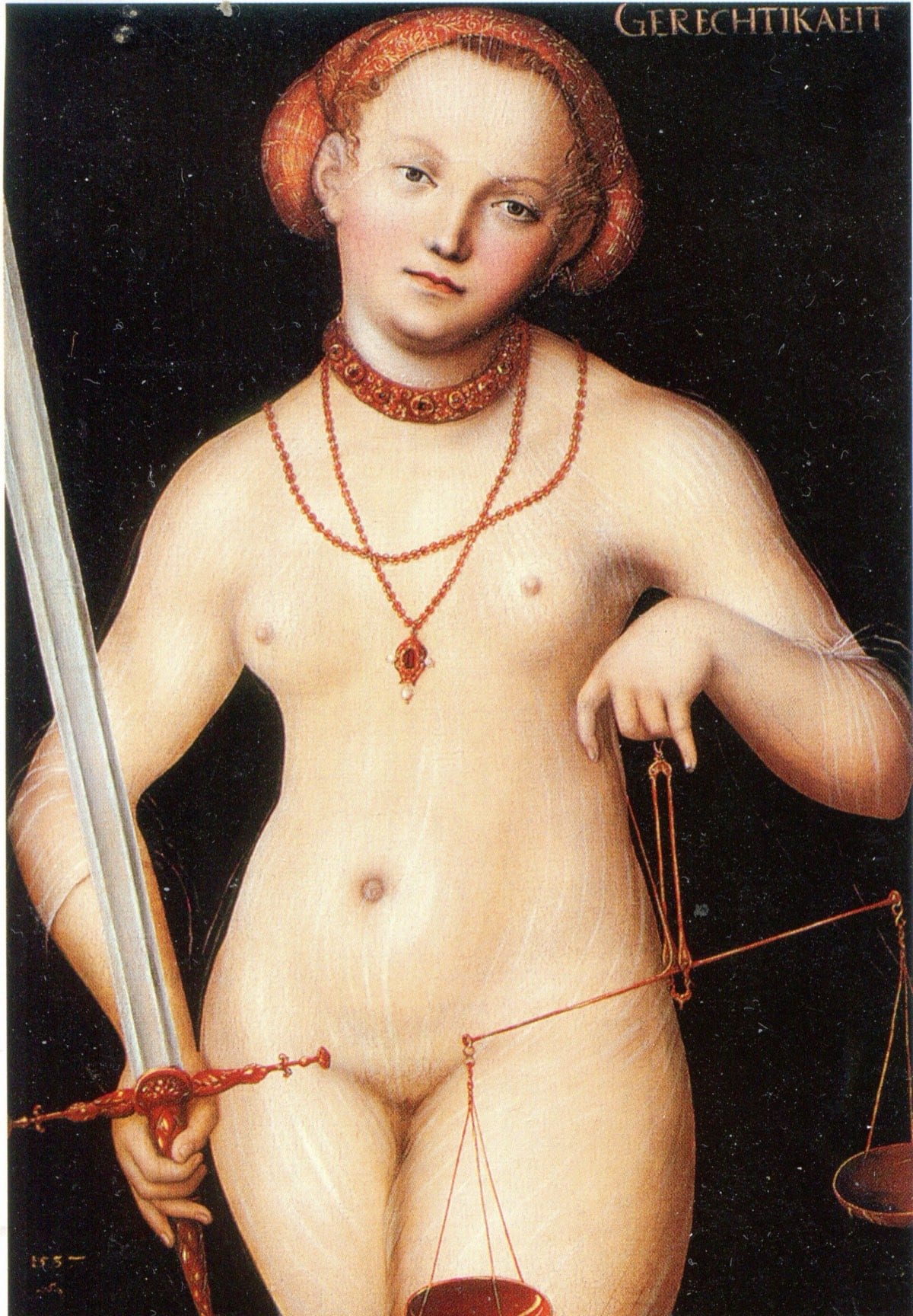 Justitia : la Justice, les yeux bandés, tenant l'épée et la balance, par Lucas Cranach l'Ancien