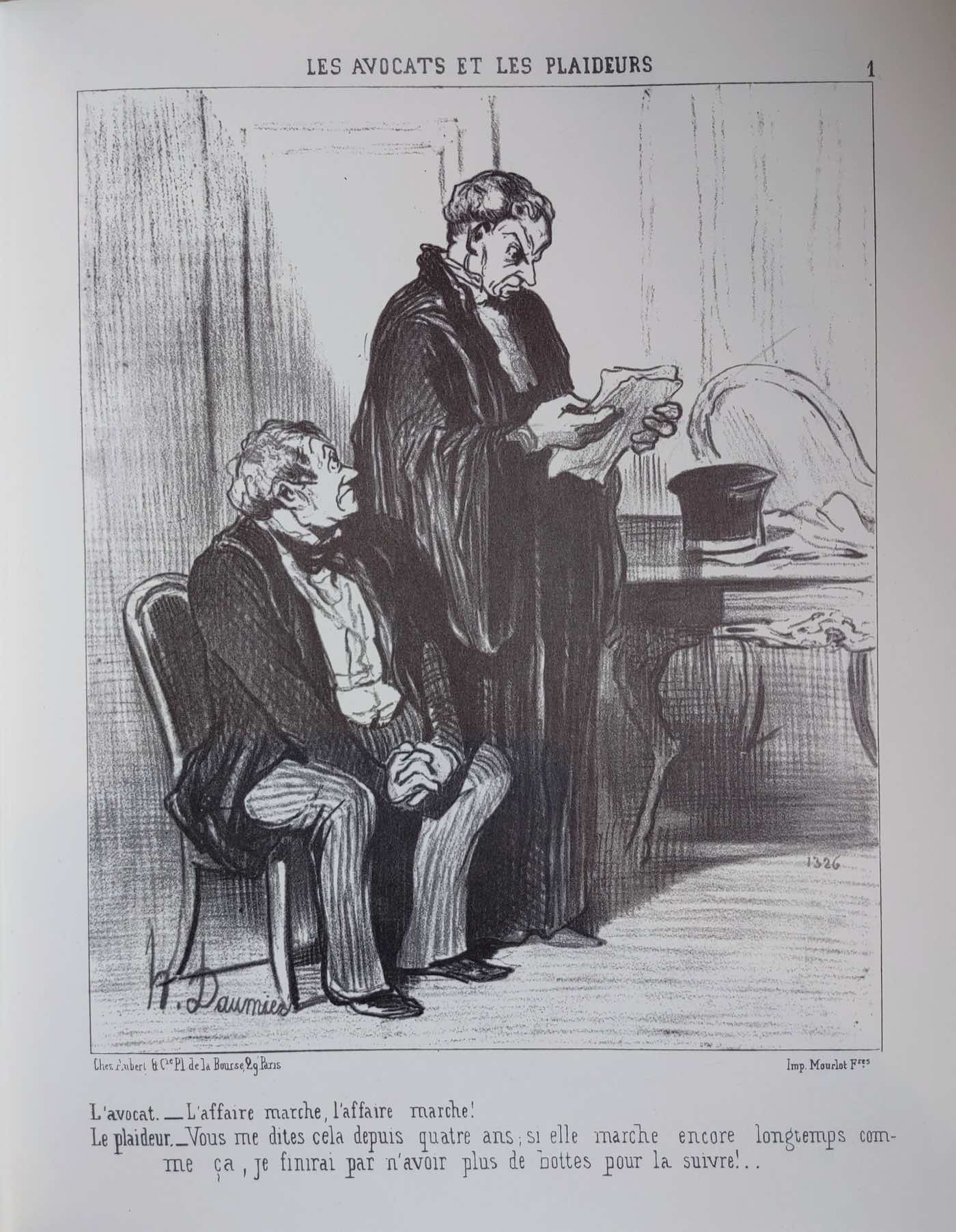Lithographie d'Honoré Daumier montrant un avocat en robe lisant un document à son client