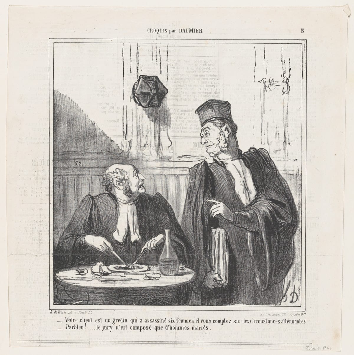 Honoré Daumier, deux gens de justice en robe conversant dans un bureau : « Votre client est un gredin... »