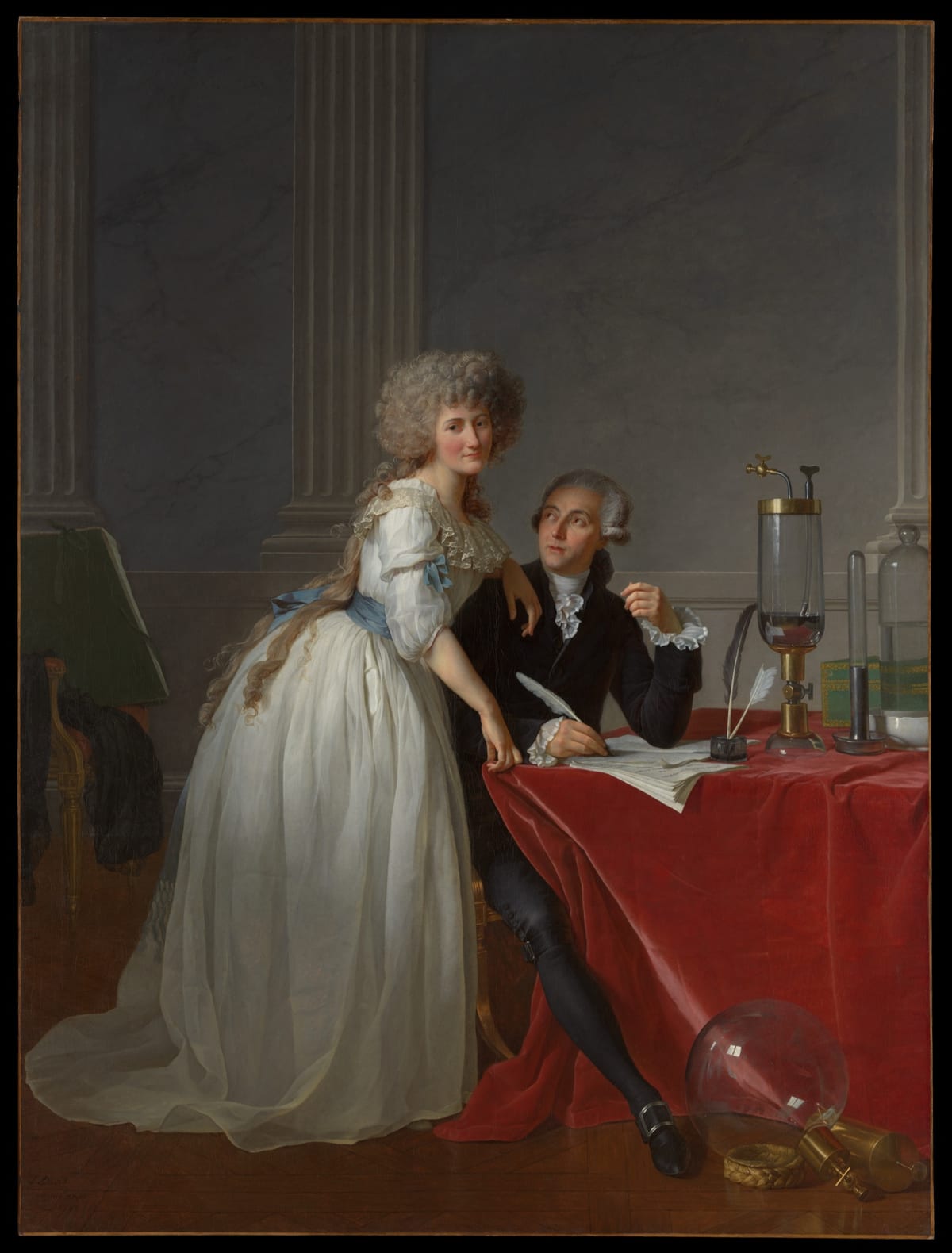 Jacques-Louis David, Antoine et Marie-Anne Lavoisier : elle se tient debout à ses côtés pendant qu'il rédige, dans un moment de travail partagé et attentif