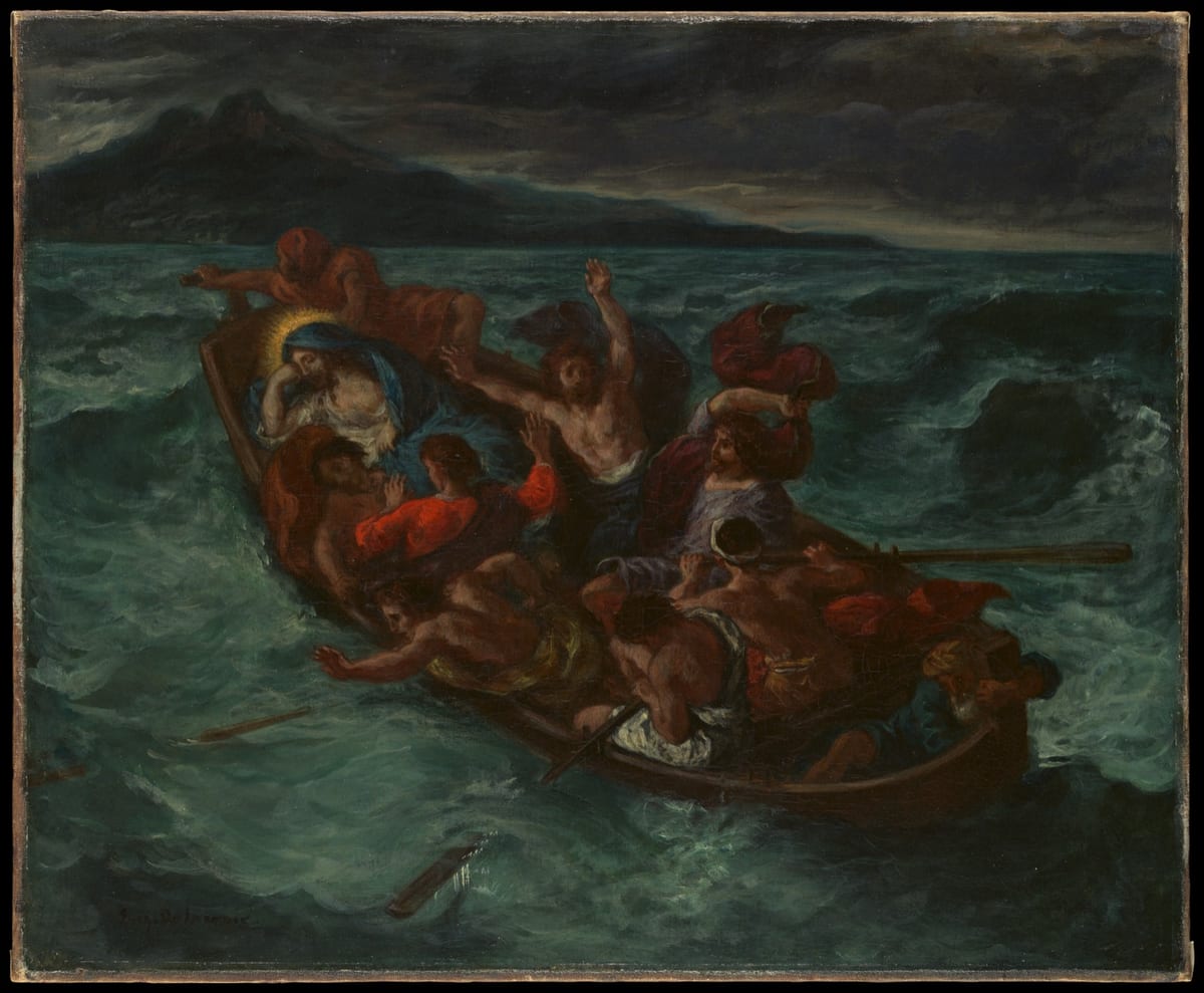 Une barque secouée par une mer démontée, où les apôtres s'affolent tandis que le Christ demeure endormi et calme.
