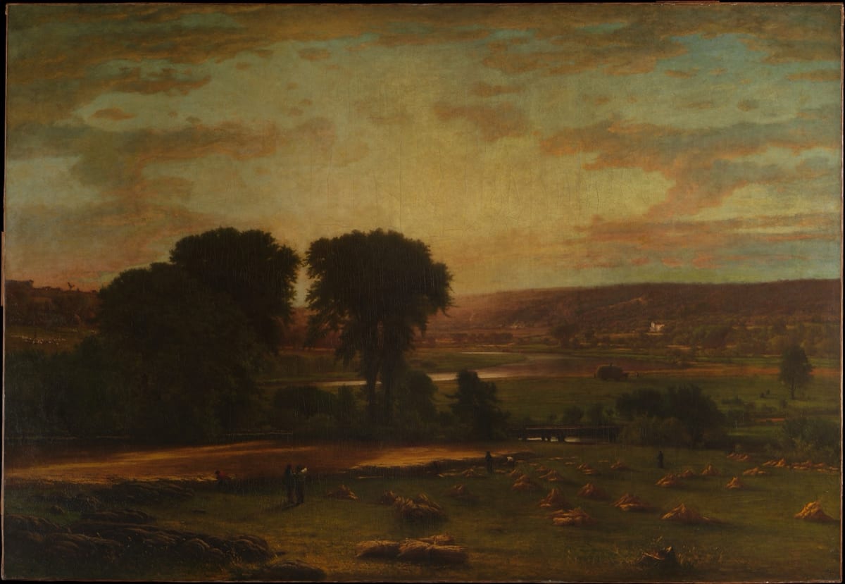 Un vaste champ de blé moissonné sous un ciel lumineux, allégorie américaine de la paix et de l'abondance retrouvées.