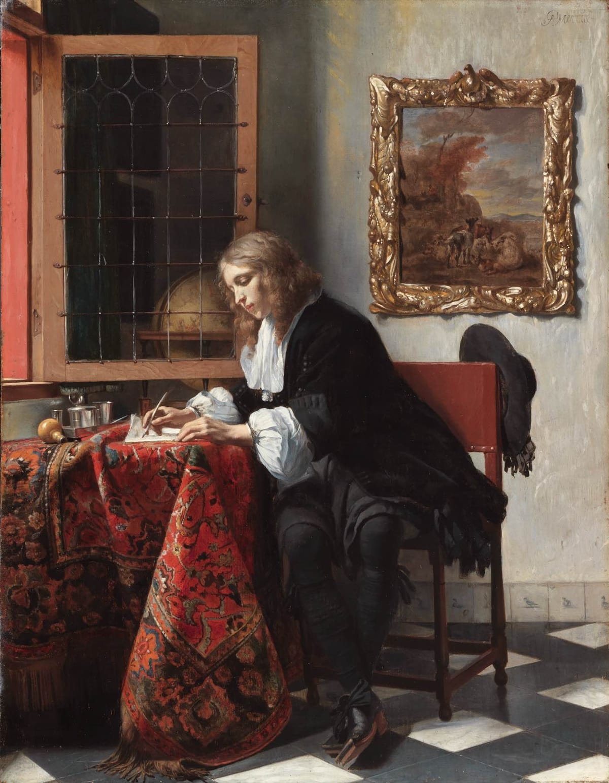 Peinture de Gabriël Metsu montrant un jeune homme écrivant une lettre à sa table