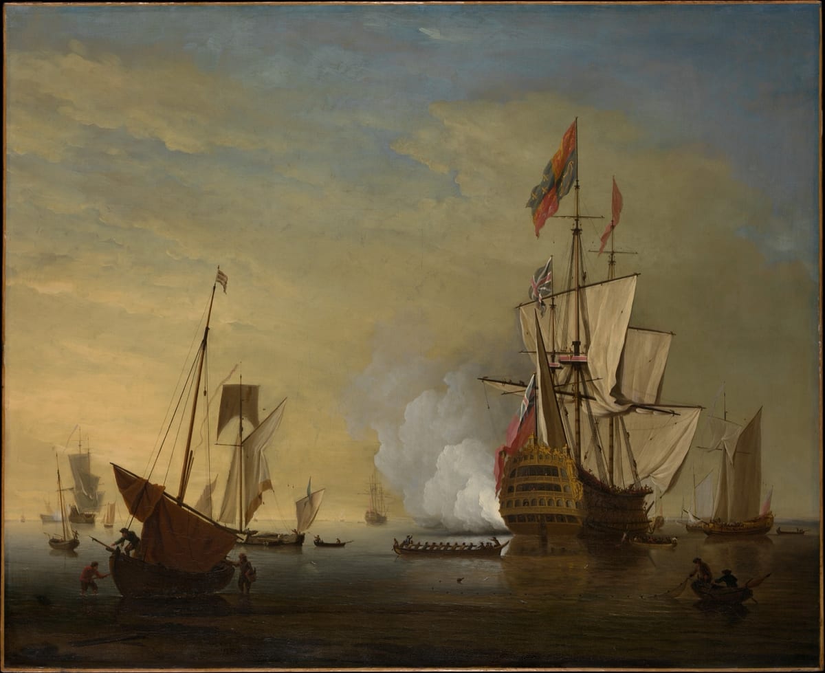 Un port animé où plusieurs navires marchands, toutes voiles dehors, se croisent sur une mer calme, scène de commerce maritime international.