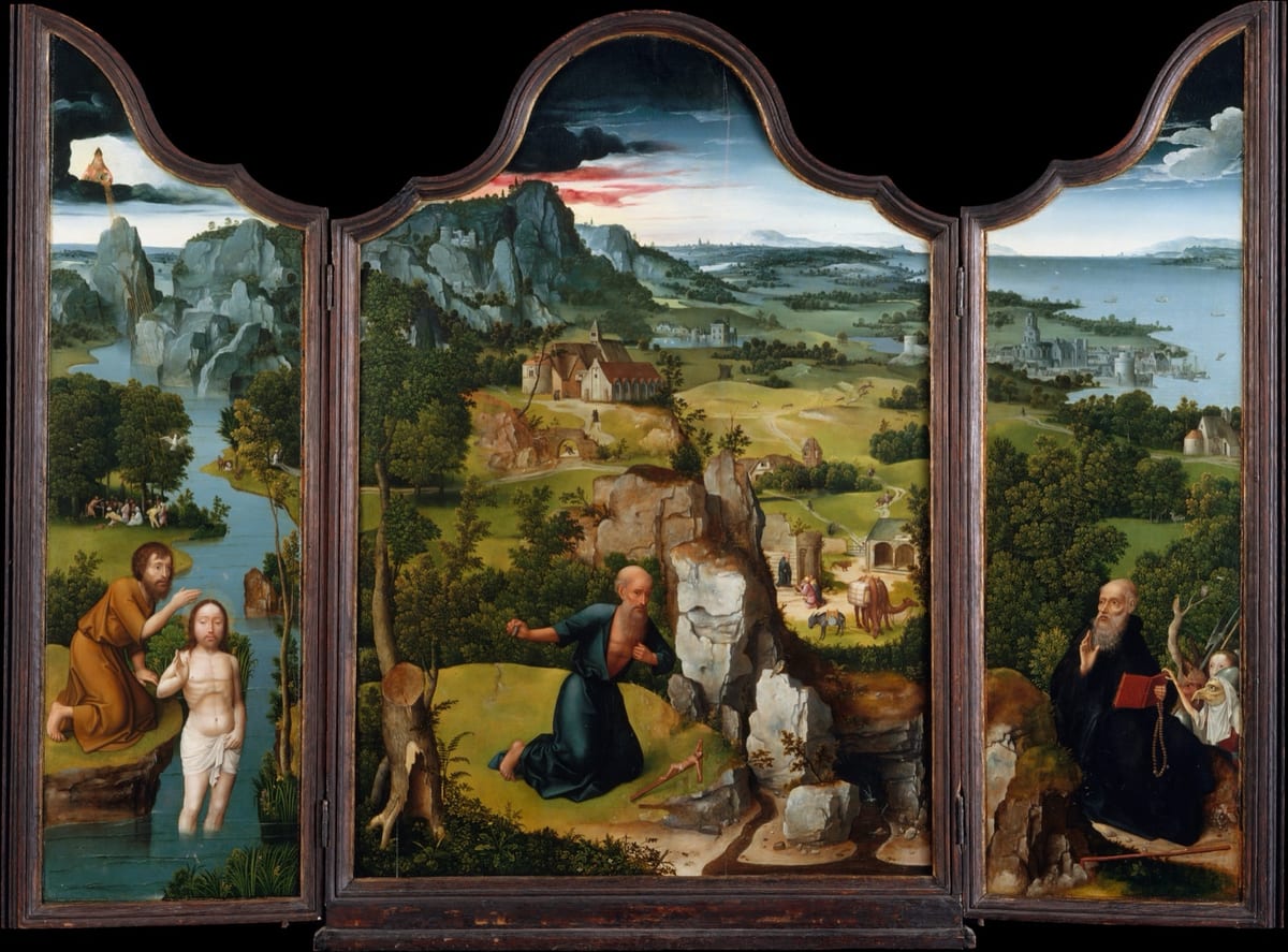 Joachim Patinir, triptyque de la Pénitence de saint Jérôme : le saint agenouillé, seul, en prière au milieu d'un vaste paysage