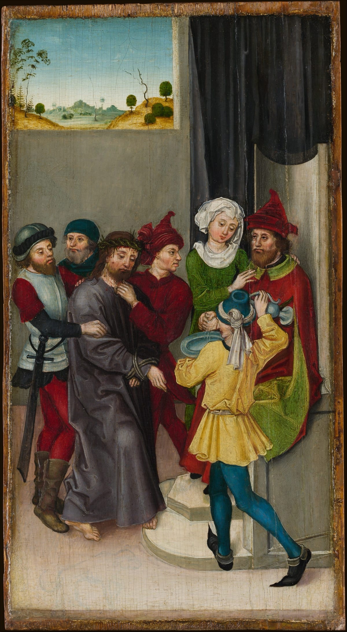 Ludwig Schongauer, Le Christ devant Pilate : l'accusé comparaît dans la salle du tribunal devant le juge et son escorte