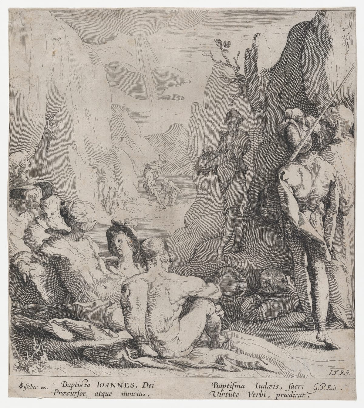 Gerrit Pietersz. Sweelink, saint Jean-Baptiste prêchant devant une foule rassemblée dans un paysage rocheux